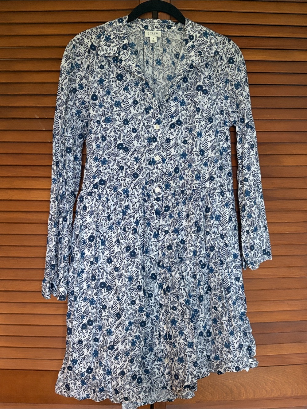 J. Crew Navy and White Floral Button-Front Long-Sleeve Dress